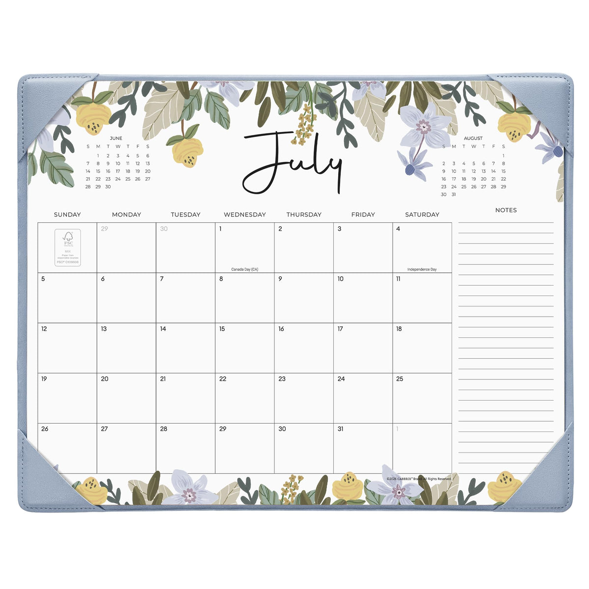 Cabbrix Desk Calendar 2026-2027 with Desktop Mat, Floral Desk Pad Calendar 15 x 12 Inch 18 Months Runs From July 2026 to December 2027, Desk Blotter Calendar for Home School and Office (Blue)