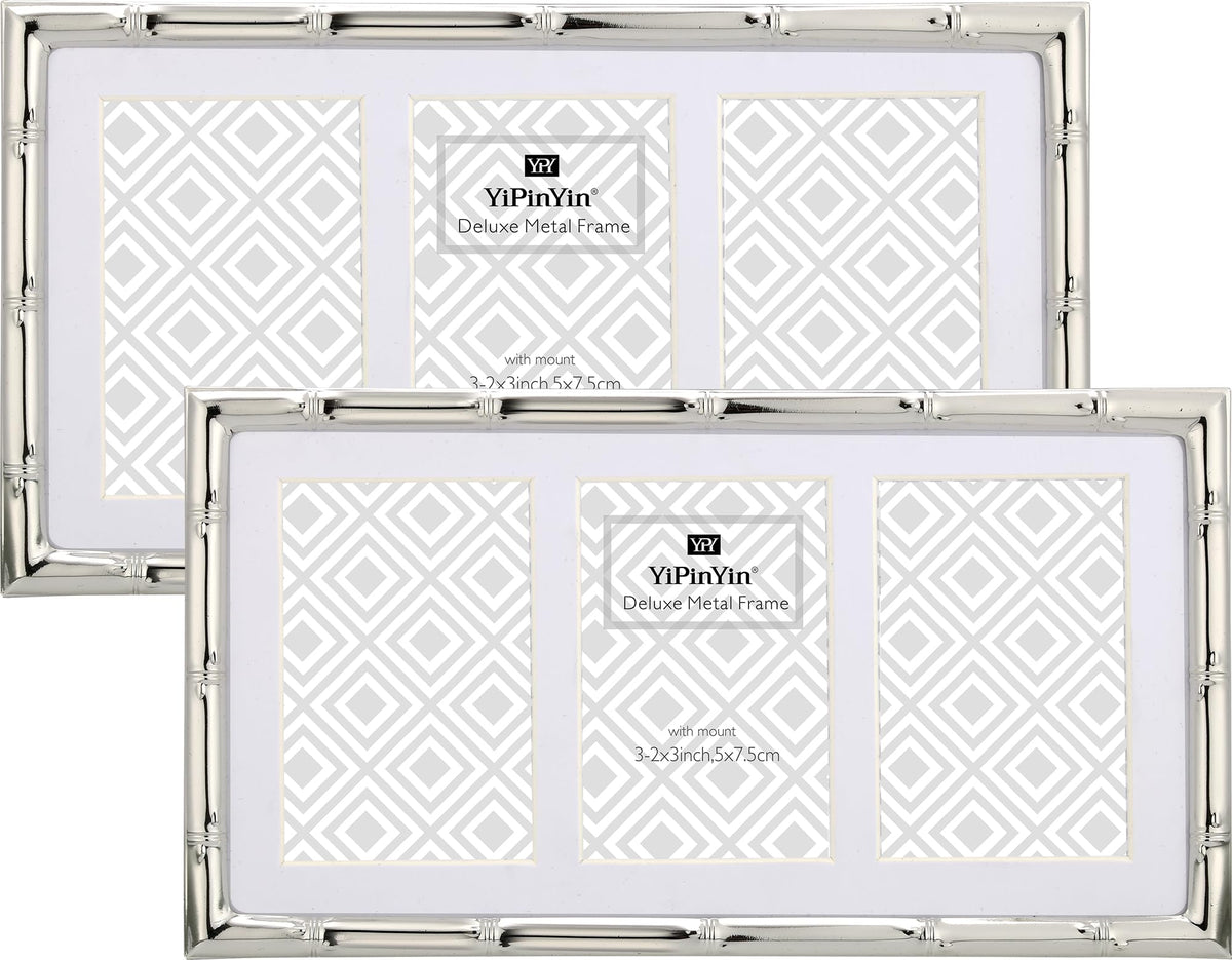 4x6'' Bamboo Detail Double Photo Frames,Silver 6x4'' Double Metal Picture Frames,Elegant Silver Plated Photo Frames 4 x 6'' With Soft Touch Velvet Backing and Real Glass for Desktop and Shelf Decor