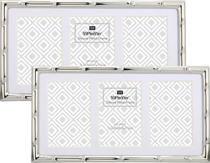 4x6'' Bamboo Detail Double Photo Frames,Silver 6x4'' Double Metal Picture Frames,Elegant Silver Plated Photo Frames 4 x 6'' With Soft Touch Velvet Backing and Real Glass for Desktop and Shelf Decor