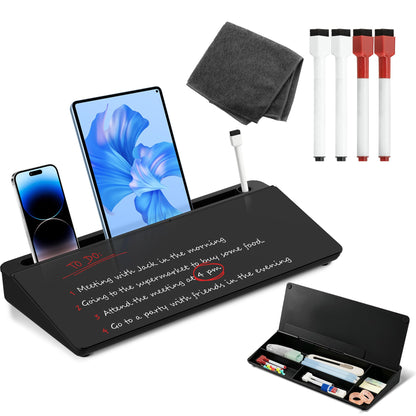 VUSIGN Glass Desktop Dry Erase Whiteboard with Hidden Storage | Sturdy Hinge Design, Scratch-Resistant Glass Surface, 4 High-Visibility Markers | Desk Buddy Organizer for Home Office (White)