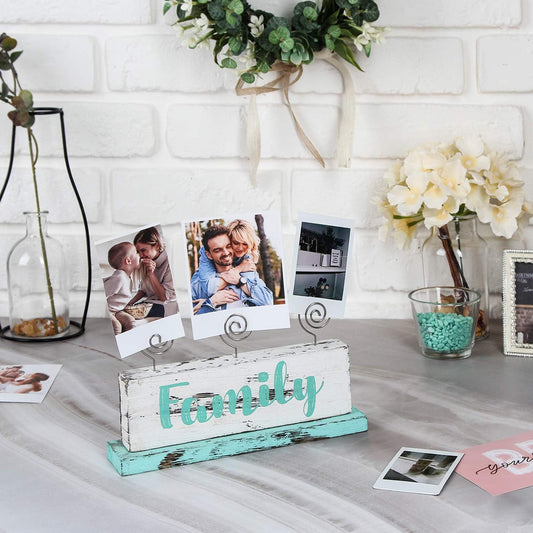 JACKCUBE Design Multi-Photo Display Boho Tabletop Decor Wooden Double Side Memos, Cards, Gallery Display Block with 3 Wire Clips, Desktop Freestanding Polaroid Picture Frame Decoration- MK678A