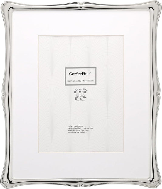 Silver 8x10'' Premium Alloy Picture Frame with Acid Free Mat for 5x7'',Luxury Hi-End Photo Frames 5x7'' with Black Velevt Backing for Desktop and Wall Hanging