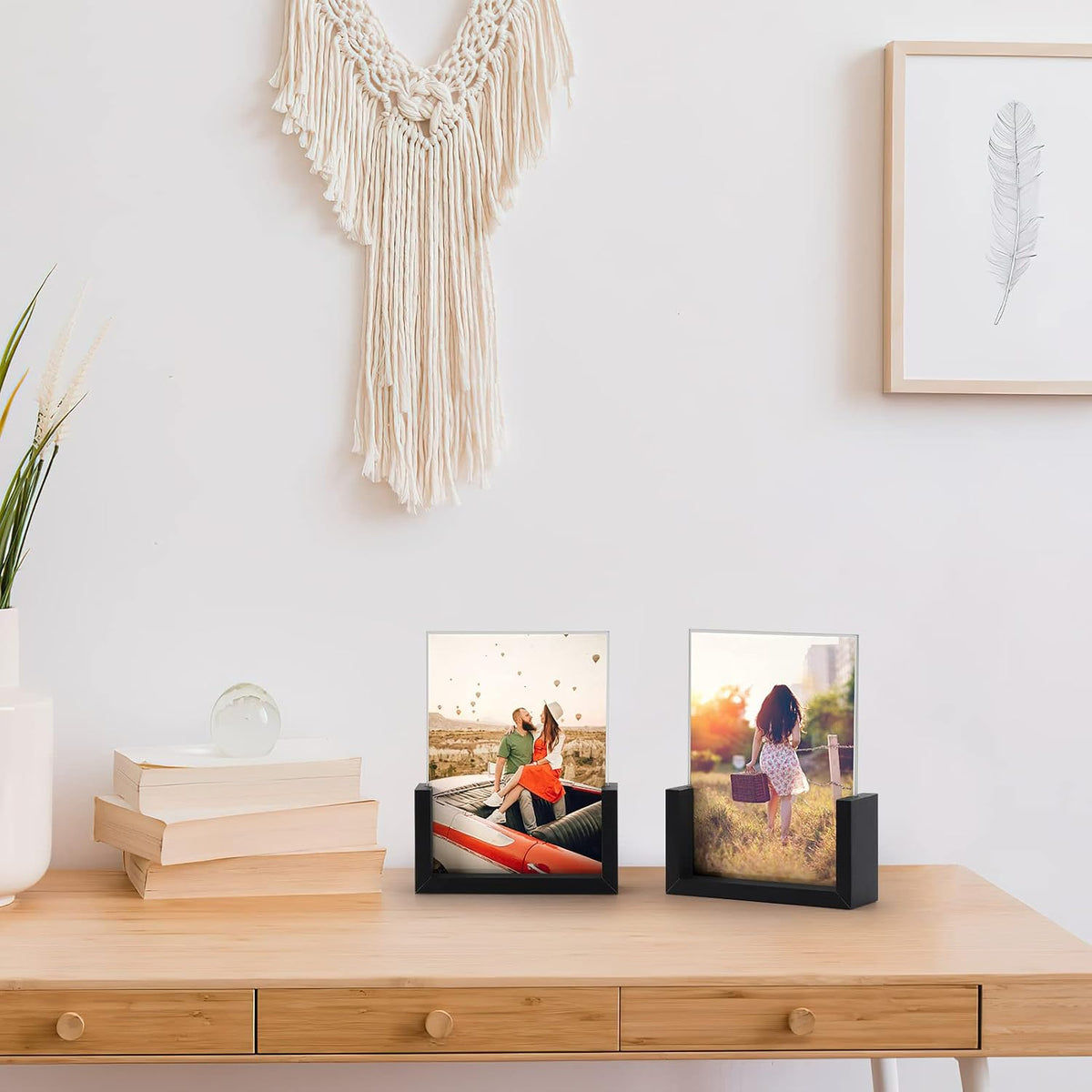 MEBRUDY 5x7 Picture Frame 2 Pack, Black Photo Frames with Tempered Glass Cover and Wooden Base for Tabletop or Desktop Display