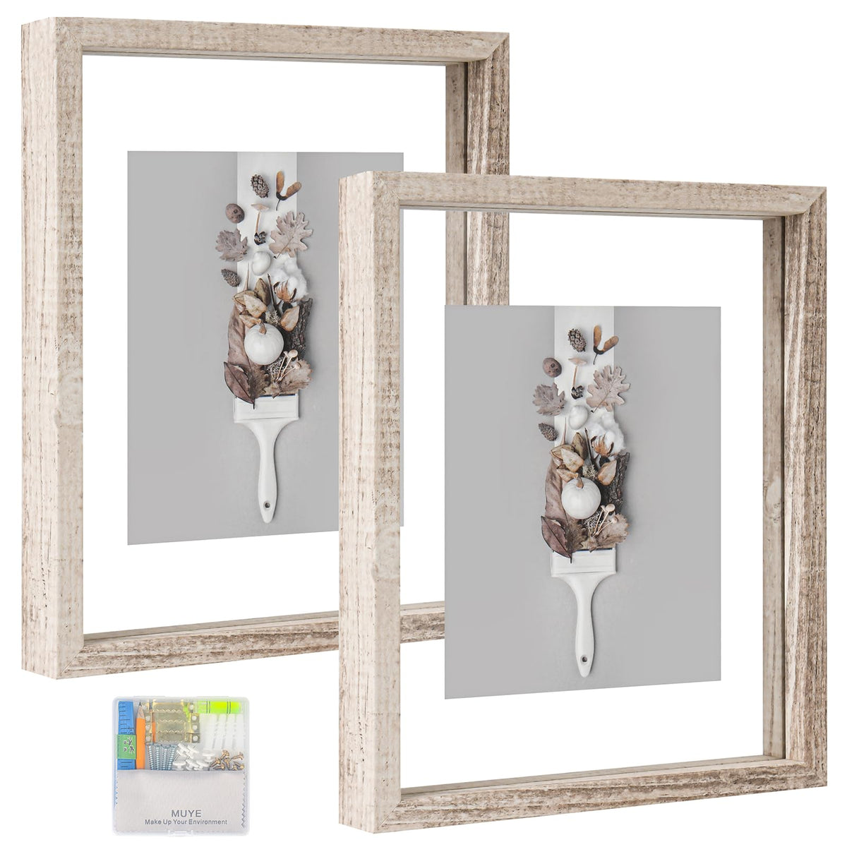 MUYE 5x7 Floating Frame Set of 2,Double Glass Rustic Photo Frame for Wall Hanging or Tabletop Standing,Also Display 4x6 or 3x5 Photo for Floating Effect,Natural