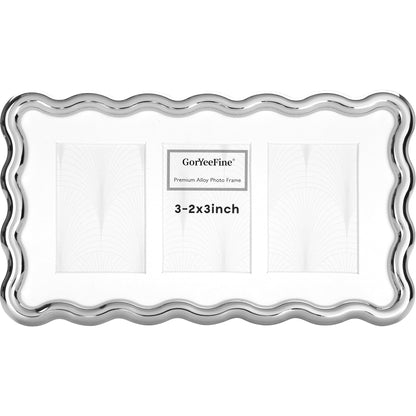 3-2x3'' Silver Heavy-Duty Zinc Alloy Picture Frames,Wave Design Silver Picture Frame Multi 3x2'' Photo Frame,with Black Premium Velvet Backing,for Desktop and Wall Hanging.