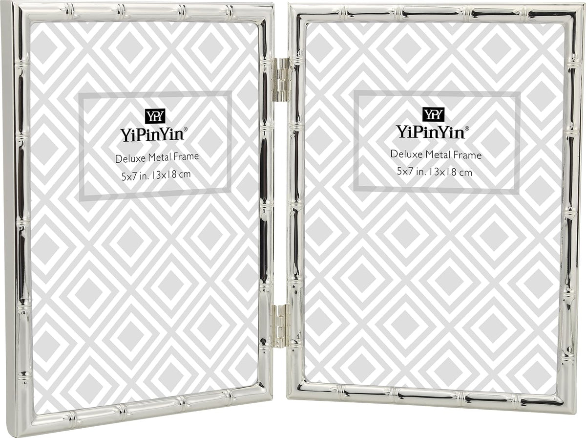 4x6'' Bamboo Detail Double Photo Frames,Silver 6x4'' Double Metal Picture Frames,Elegant Silver Plated Photo Frames 4 x 6'' With Soft Touch Velvet Backing and Real Glass for Desktop and Shelf Decor