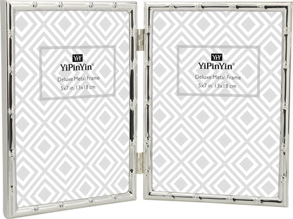 4x6'' Bamboo Detail Double Photo Frames,Silver 6x4'' Double Metal Picture Frames,Elegant Silver Plated Photo Frames 4 x 6'' With Soft Touch Velvet Backing and Real Glass for Desktop and Shelf Decor