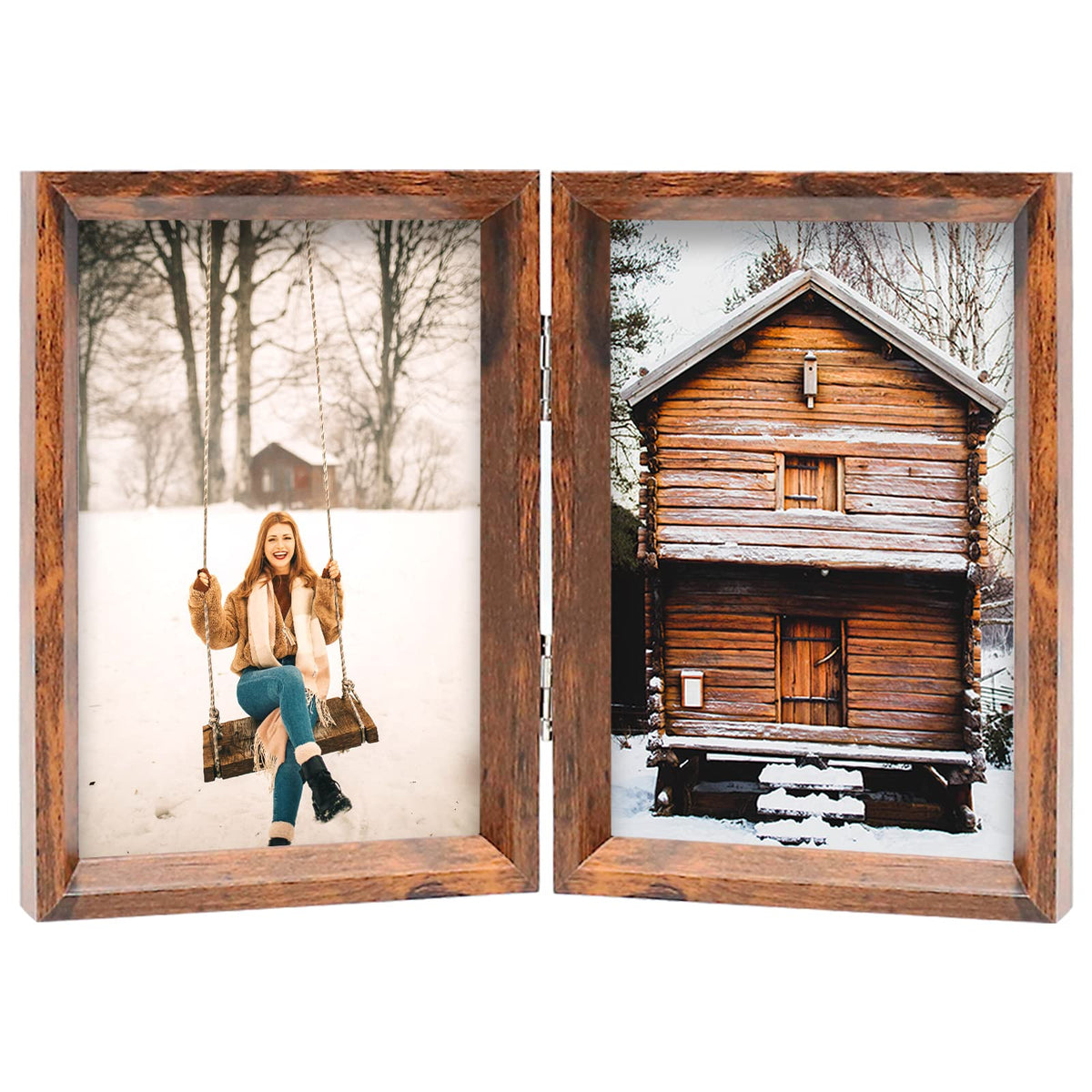 TOFOREVO 4x6 Double Picture Frame Rustic Brown Wooden Hinged Beveled Photo Frame Definition Glass 2 Vertical Openings Stand on Desktop Tabletop