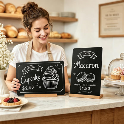 Desktop Small Chalkboard with Solid Wood Base,7.9"x12",Double‑Sided Erasable Message Menu Sign for Coffee Shop, Restaurant, Bar, Eco‑Friendly