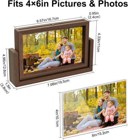 Mixoo 4x6 Picture Frame Rotating Photo Frame, Wooden Picture Frames 4x6 Horizontal Double sided Rustic Floating Frame for Desk Tabletop Family Office Wedding Graduation Gifts Teacher Appreciation Gifts