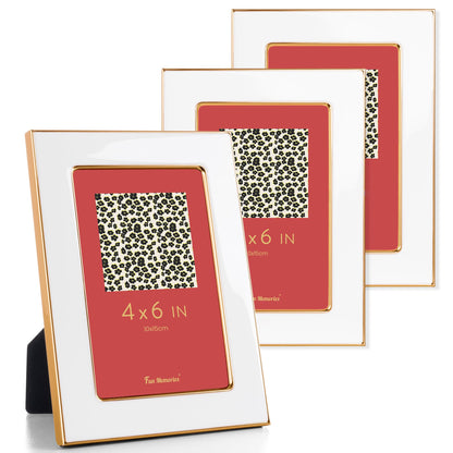 Fun Memories 4x6 Enamel Picture Frame with HD-Tempered Glass, Gold Metal Edge with Easel, Vertical & Horizontal Display, Wall and Tabletop Display Family Photo Gallery (White Enamel,1P)