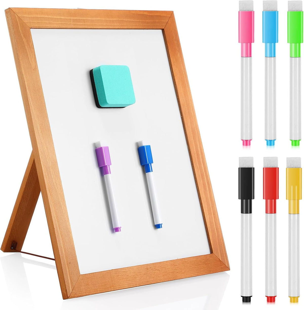Chuangdi Desktop Dry Erase Board Whiteboard with Stand 14 x11 Desktop Whiteboard Wooden Frame White Writing Board with 8 Pcs Marker Pens 1 Magnetic Eraser for School Office Restaurant Menu Supplies