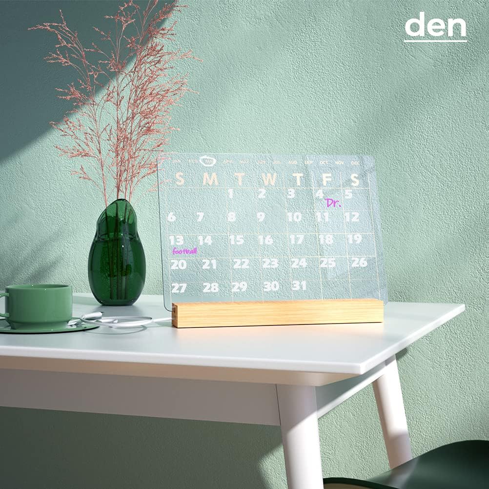 Light Up Clear Dry Erase Calendar 13 x 9 inch with 5 Markers, Acrylic Lighting Markable Calendar Board Agenda for Bedroom/Office/Home/Kitchen
