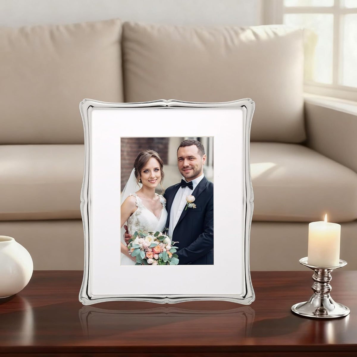 Silver 8x10'' Premium Alloy Picture Frame with Acid Free Mat for 5x7'',Luxury Hi-End Photo Frames 5x7'' with Black Velevt Backing for Desktop and Wall Hanging