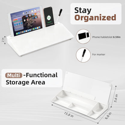 VUSIGN Glass Desktop Dry Erase Whiteboard with Hidden Storage | Sturdy Hinge Design, Scratch-Resistant Glass Surface, 4 High-Visibility Markers | Desk Buddy Organizer for Home Office (White)