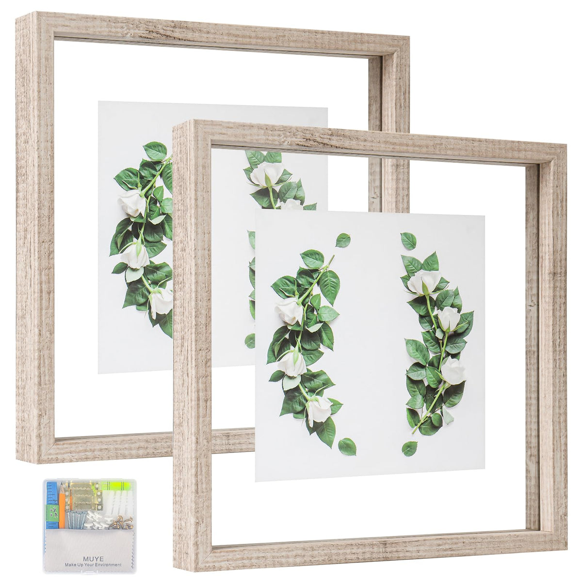 MUYE 5x7 Floating Frame Set of 2,Double Glass Rustic Photo Frame for Wall Hanging or Tabletop Standing,Also Display 4x6 or 3x5 Photo for Floating Effect,Natural