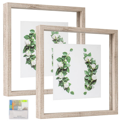 MUYE 5x7 Floating Frame Set of 2,Double Glass Rustic Photo Frame for Wall Hanging or Tabletop Standing,Also Display 4x6 or 3x5 Photo for Floating Effect,Natural