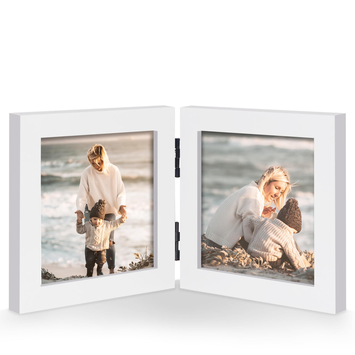 Double 5x7 Horizontal Picture Frame, White Clean-Lined Wood