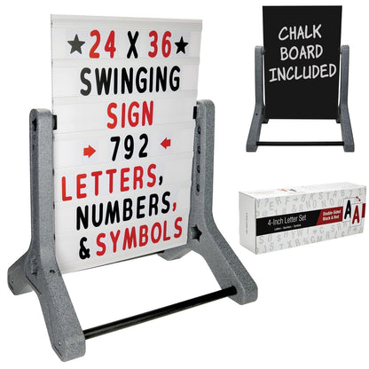 Swinging Changeable Message Sidewalk Sign: 24" x 36" Sign with 792 Pre-Cut Double Sided Letters and Storage Box. Includes Black Board & Letter Board (Black Color Legs)