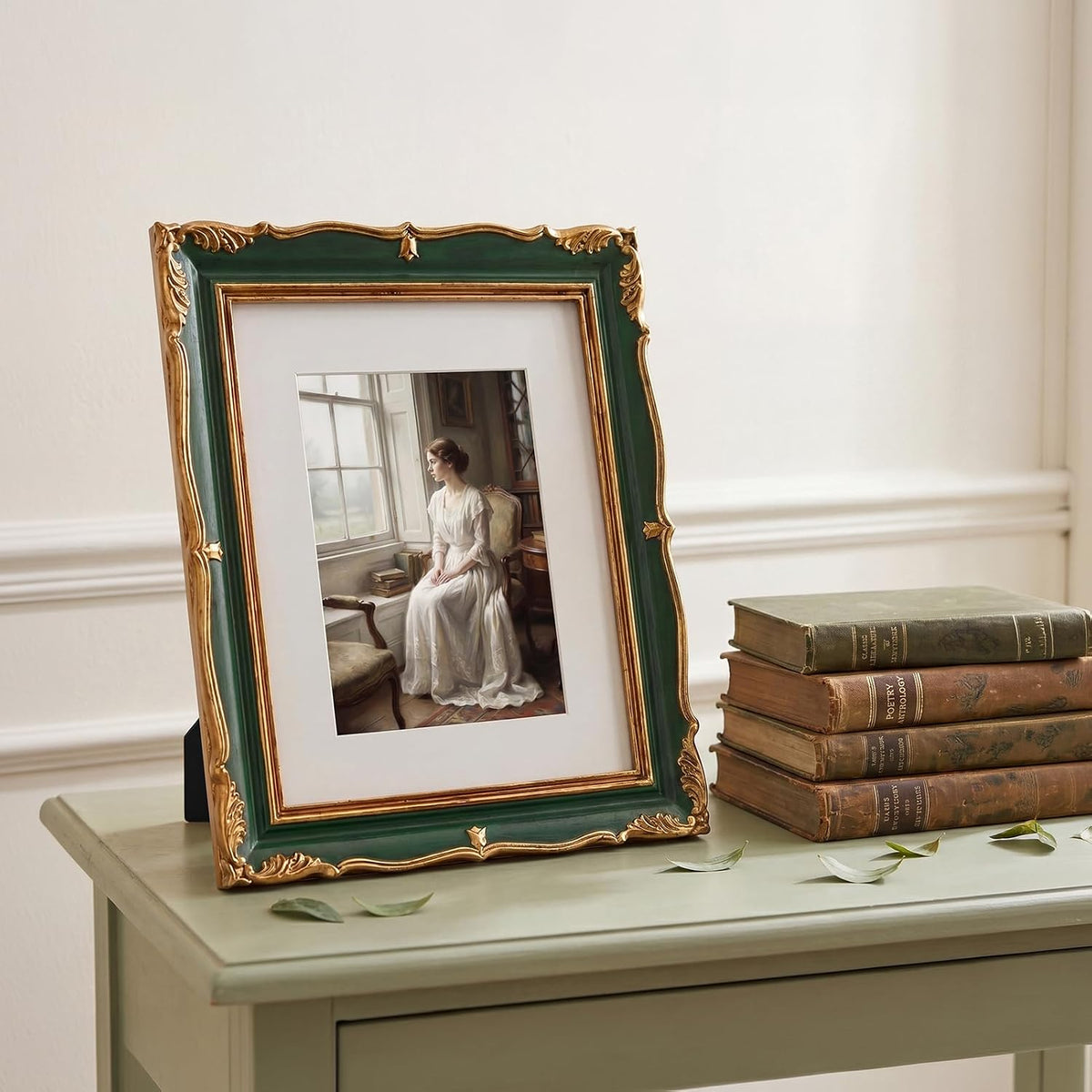 PHAREGE Vintage Picture Frame with Mat for 5x7 Photo, Retro Green Gold