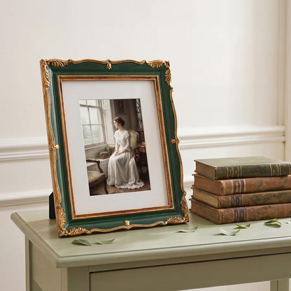 PHAREGE Vintage Picture Frame with Mat for 5x7 Photo, Retro Green Gold