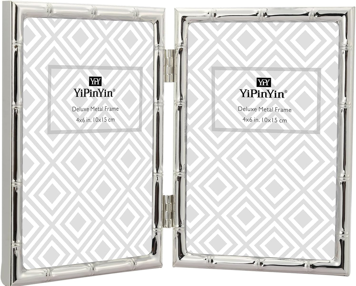 4x6'' Bamboo Detail Double Photo Frames,Silver 6x4'' Double Metal Picture Frames,Elegant Silver Plated Photo Frames 4 x 6'' With Soft Touch Velvet Backing and Real Glass for Desktop and Shelf Decor