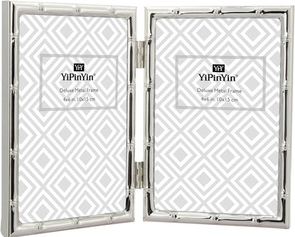 4x6'' Bamboo Detail Double Photo Frames,Silver 6x4'' Double Metal Picture Frames,Elegant Silver Plated Photo Frames 4 x 6'' With Soft Touch Velvet Backing and Real Glass for Desktop and Shelf Decor