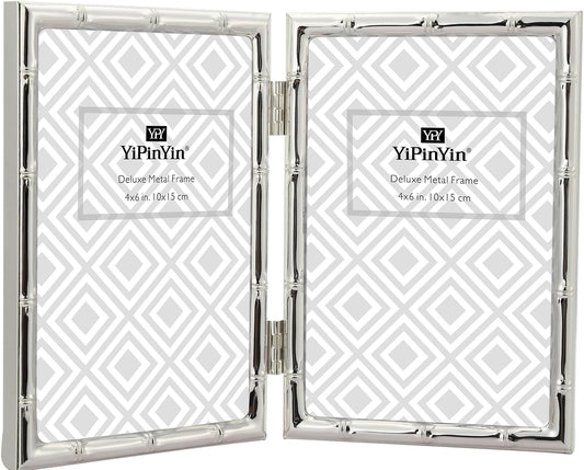 4x6'' Bamboo Detail Double Photo Frames,Silver 6x4'' Double Metal Picture Frames,Elegant Silver Plated Photo Frames 4 x 6'' With Soft Touch Velvet Backing and Real Glass for Desktop and Shelf Decor