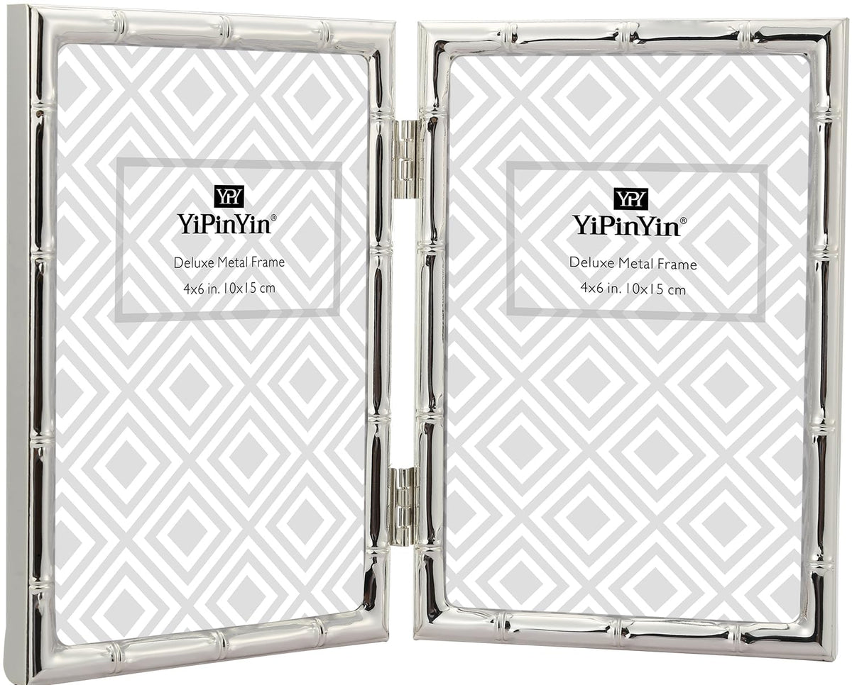 4x6'' Bamboo Detail Double Photo Frames,Silver 6x4'' Double Metal Picture Frames,Elegant Silver Plated Photo Frames 4 x 6'' With Soft Touch Velvet Backing and Real Glass for Desktop and Shelf Decor