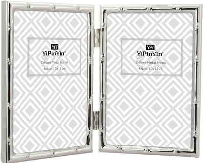 4x6'' Bamboo Detail Double Photo Frames,Silver 6x4'' Double Metal Picture Frames,Elegant Silver Plated Photo Frames 4 x 6'' With Soft Touch Velvet Backing and Real Glass for Desktop and Shelf Decor