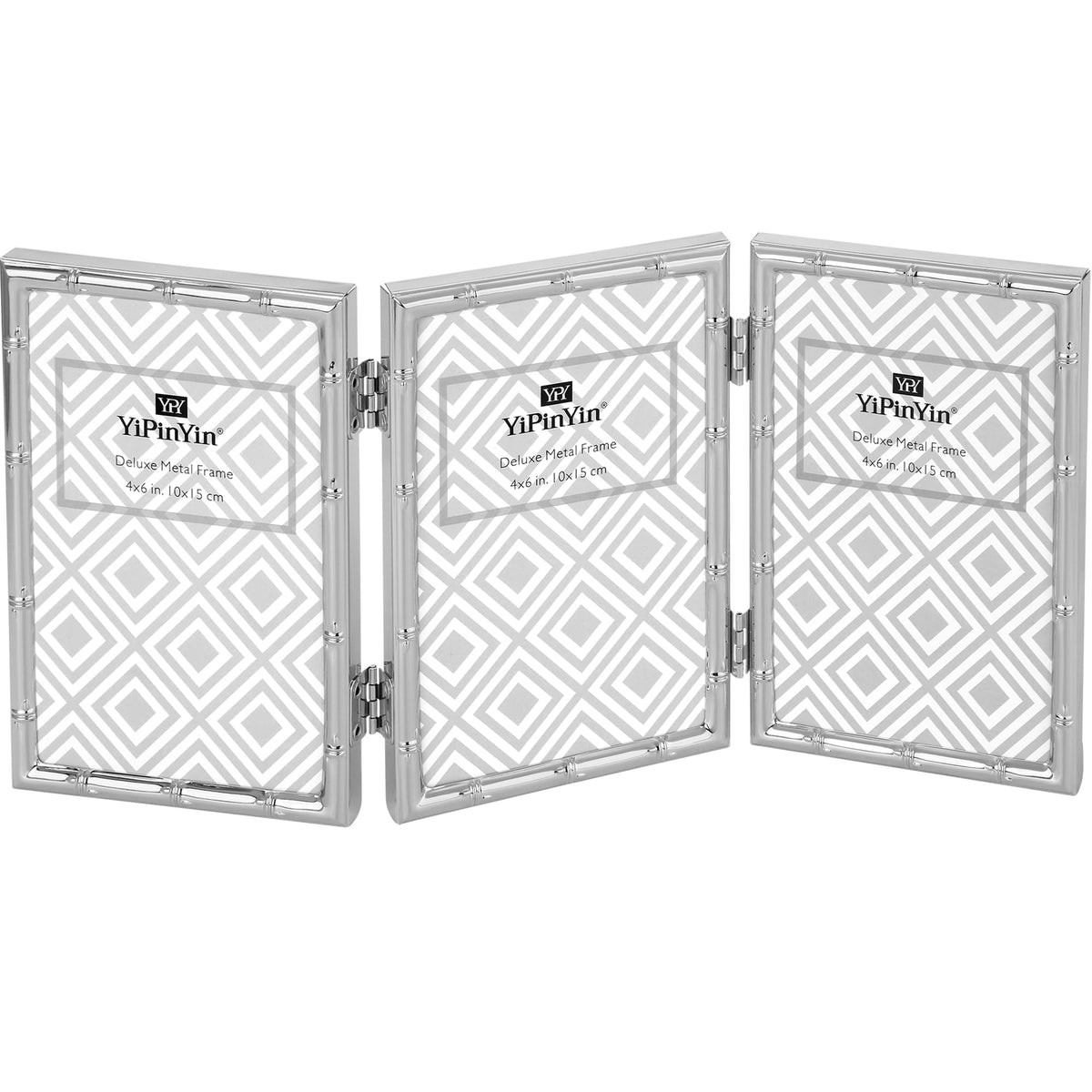 4x6'' Bamboo Detail Double Photo Frames,Silver 6x4'' Double Metal Picture Frames,Elegant Silver Plated Photo Frames 4 x 6'' With Soft Touch Velvet Backing and Real Glass for Desktop and Shelf Decor