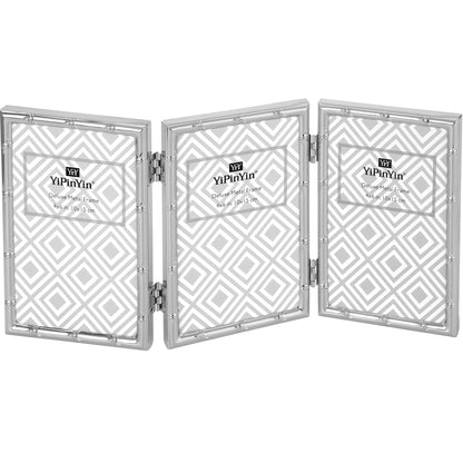 4x6'' Bamboo Detail Double Photo Frames,Silver 6x4'' Double Metal Picture Frames,Elegant Silver Plated Photo Frames 4 x 6'' With Soft Touch Velvet Backing and Real Glass for Desktop and Shelf Decor