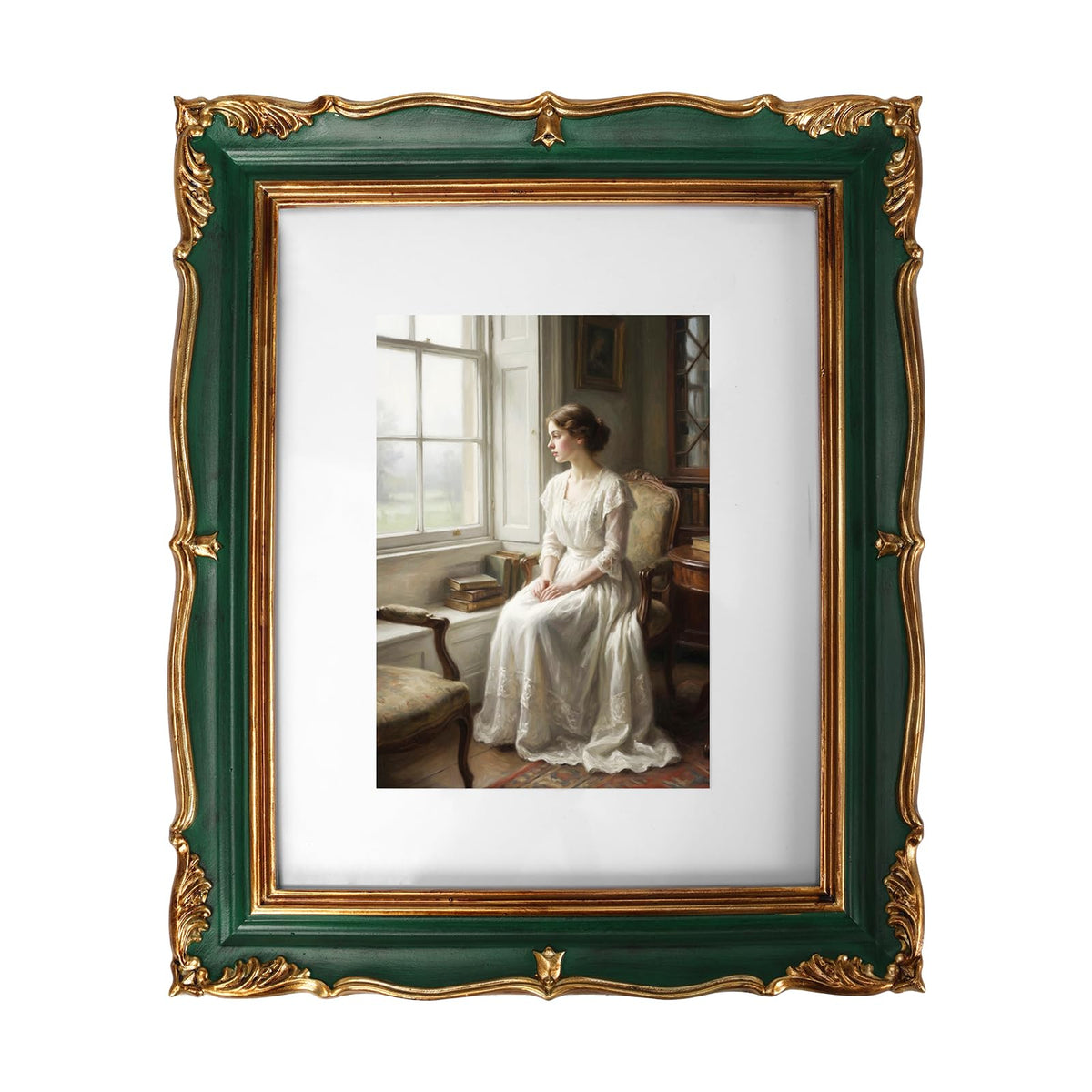 PHAREGE Vintage Picture Frame with Mat for 5x7 Photo, Retro Green Gold