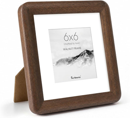 6x6 Picture Frame, USA-Sourced Walnut Wood Photo Frame with Tempered Glass, Handcrafted Rustic Farmhouse Frame for Wall & Tabletop Display, Matted to 4x4