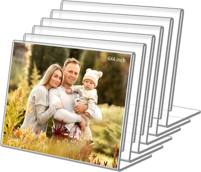 6 Pack 6x4 Inchs Clear Acrylic Self Standing Photo Frames，Picture Frame Stand Perfect for Showcasing Memories Desktop Display for Home or Office Décor，Horizontal