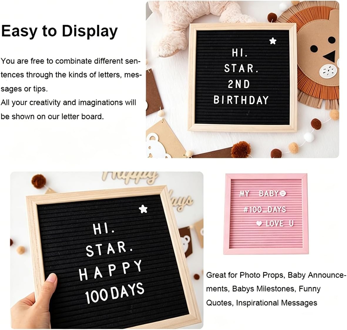 10x10" Felt Board Felt Letter Board, Changeable Message Board Word Board Letter Board Sign Bulletin Board 170 Letters with Stand, Pregnancy Announcements Baby Announcement Sign, Valentines Day Gifts Letterboard (Black)