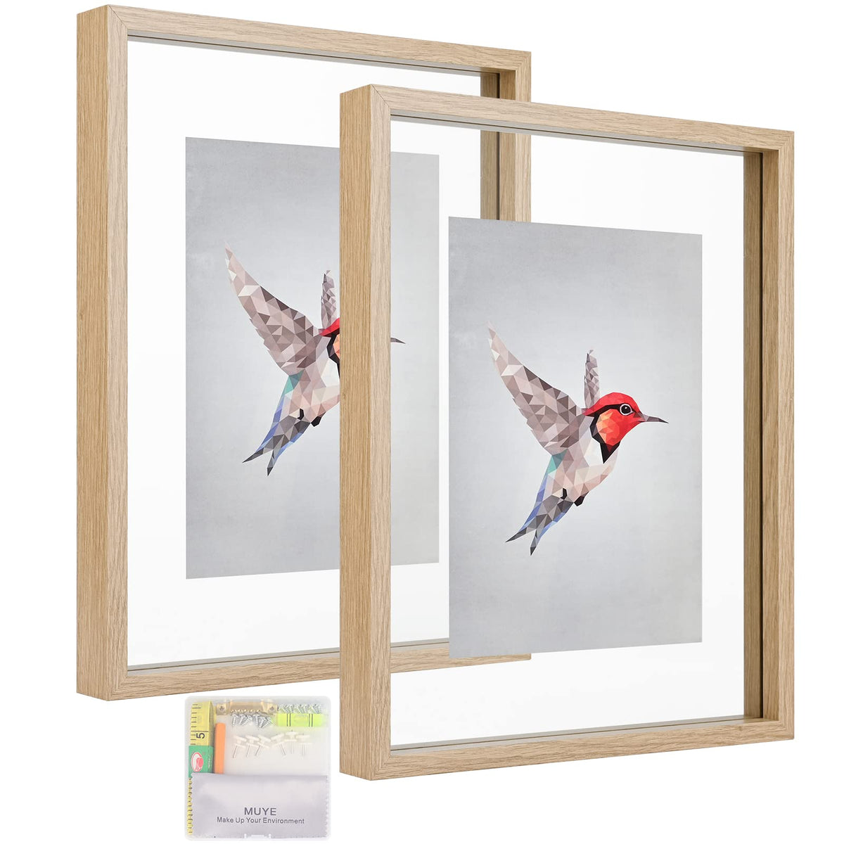 MUYE 5x7 Floating Frame Set of 2,Double Glass Rustic Photo Frame for Wall Hanging or Tabletop Standing,Also Display 4x6 or 3x5 Photo for Floating Effect,Natural