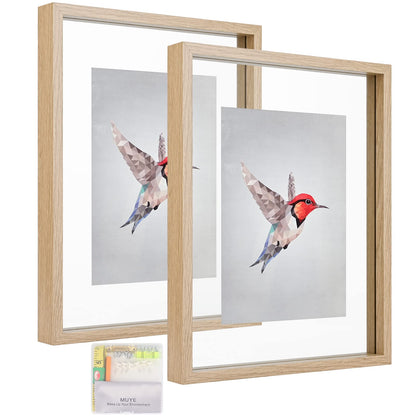 MUYE 5x7 Floating Frame Set of 2,Double Glass Rustic Photo Frame for Wall Hanging or Tabletop Standing,Also Display 4x6 or 3x5 Photo for Floating Effect,Natural
