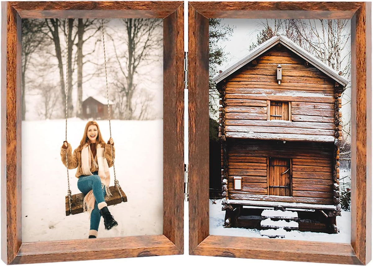 TOFOREVO 4x6 Double Picture Frame Rustic Brown Wooden Hinged Beveled Photo Frame Definition Glass 2 Vertical Openings Stand on Desktop Tabletop