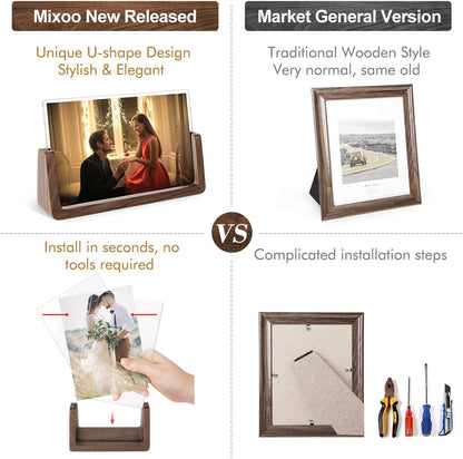 Mixoo 4x6 Picture Frame 2 Pack - Rustic Wooden Picture Frames with Walnut Wood Base and High Definition Break Free Acrylic Photo Covers for Desk Tabletop Display Teacher Father Gifts (Horizontal + Vertical)