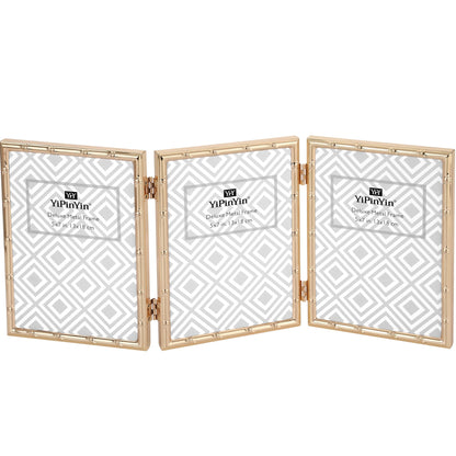 YiPinYin Dark Gold 4x6'' Bamboo Detail Designs Hinged Triple Metal Picture Frame,Elegant Gold Plated Wedding Photo Frames With Soft Touch Velvet Backing for Desktop and Wall Décor
