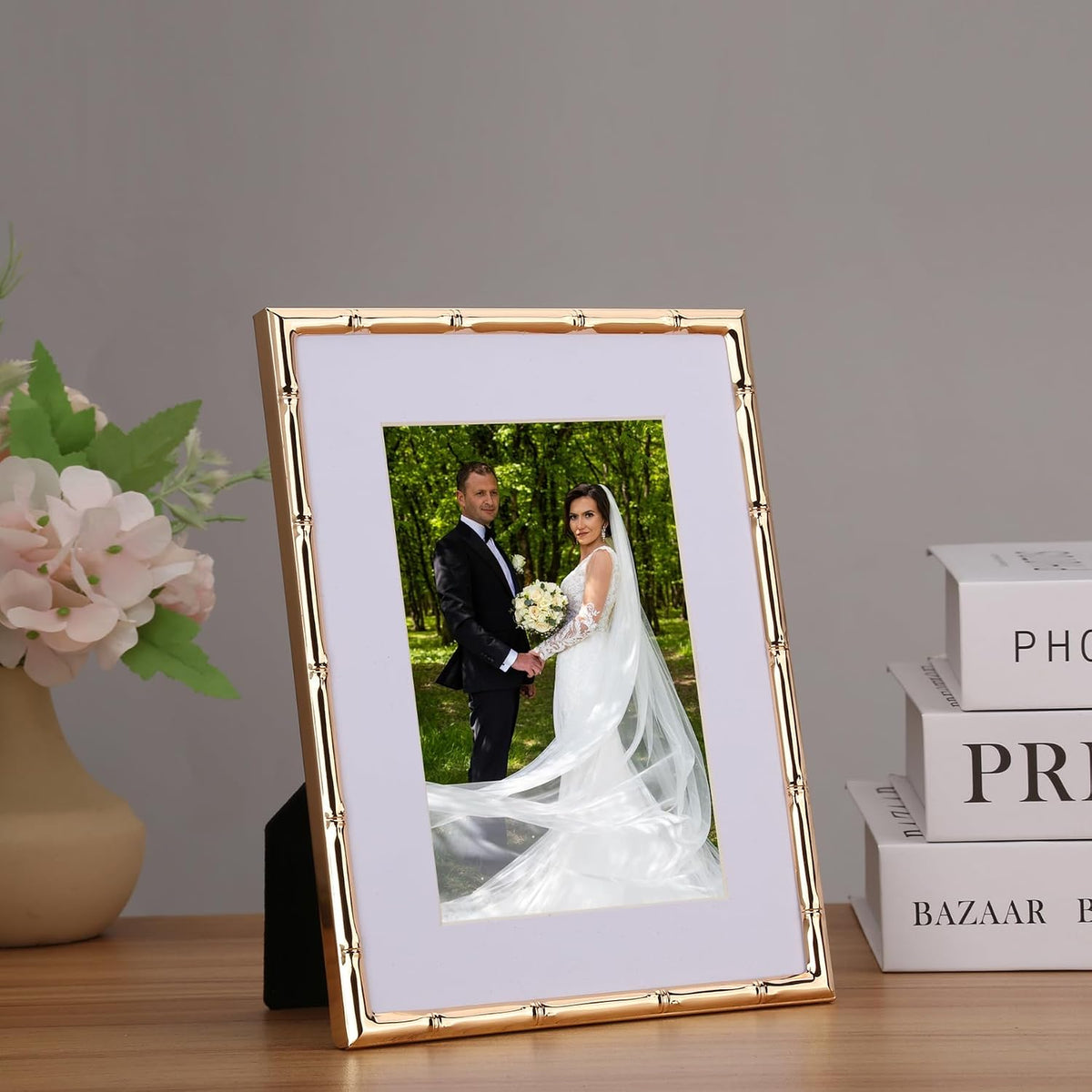 6x8''Bamboo Detail Dark Gold Metal Picture Frame 2pack,With Acid Frame Mount for 4x6'',Elegant Gold Plated Baby Nurse Photo Frames 6x8''With Soft Touch Velvet Backing for Desktop and Wall Décor