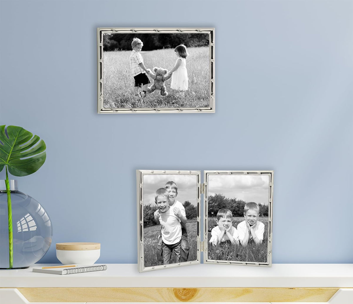 4x6'' Bamboo Detail Double Photo Frames,Silver 6x4'' Double Metal Picture Frames,Elegant Silver Plated Photo Frames 4 x 6'' With Soft Touch Velvet Backing and Real Glass for Desktop and Shelf Decor