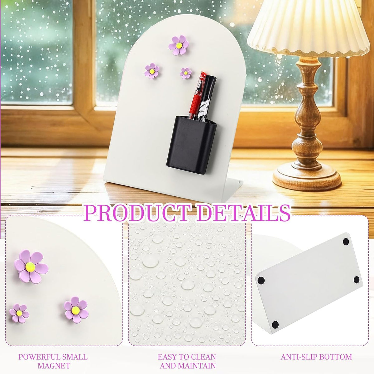 PATIKIL Magnetic Bulletin Board, W/ 3 Flower Magnets&Pen Holder
