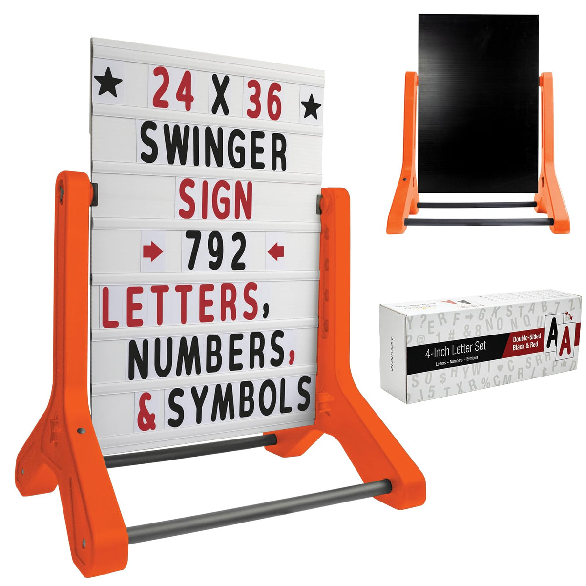 Swinging Changeable Message Sidewalk Sign: 24" x 36" Sign with 792 Pre-Cut Double Sided Letters and Storage Box. Includes Black Board & Letter Board (Black Color Legs)