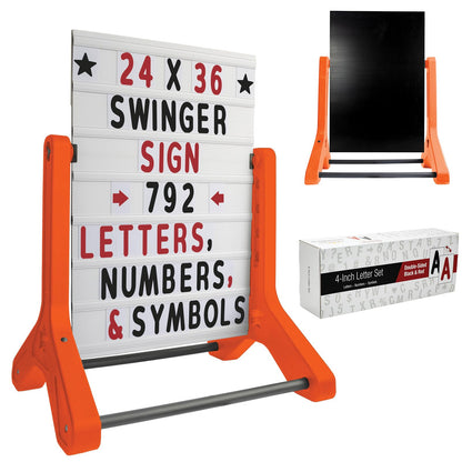 Swinging Changeable Message Sidewalk Sign: 24" x 36" Sign with 792 Pre-Cut Double Sided Letters and Storage Box. Includes Black Board & Letter Board (Black Color Legs)