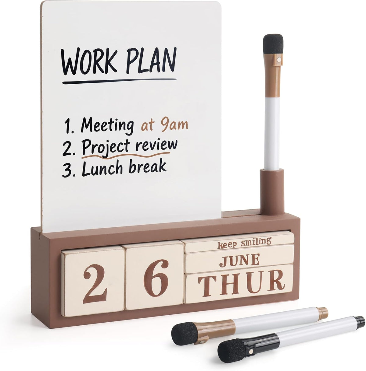 SELEAD Wooden Block Desk Calendar with Dry Erase White Board, Brown
