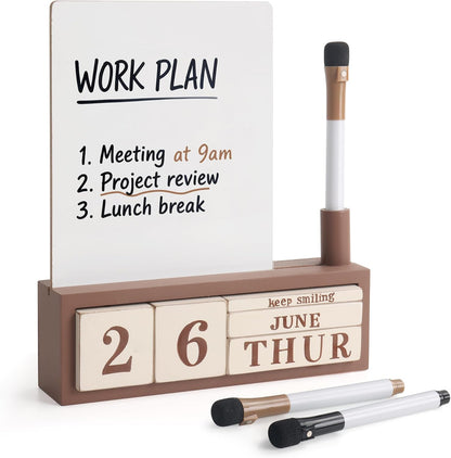 SELEAD Wooden Block Desk Calendar with Dry Erase White Board, Brown