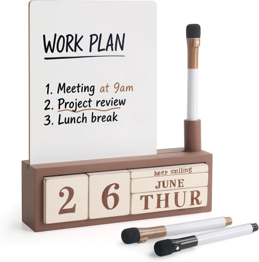 SELEAD Wooden Block Desk Calendar with Dry Erase White Board, Brown