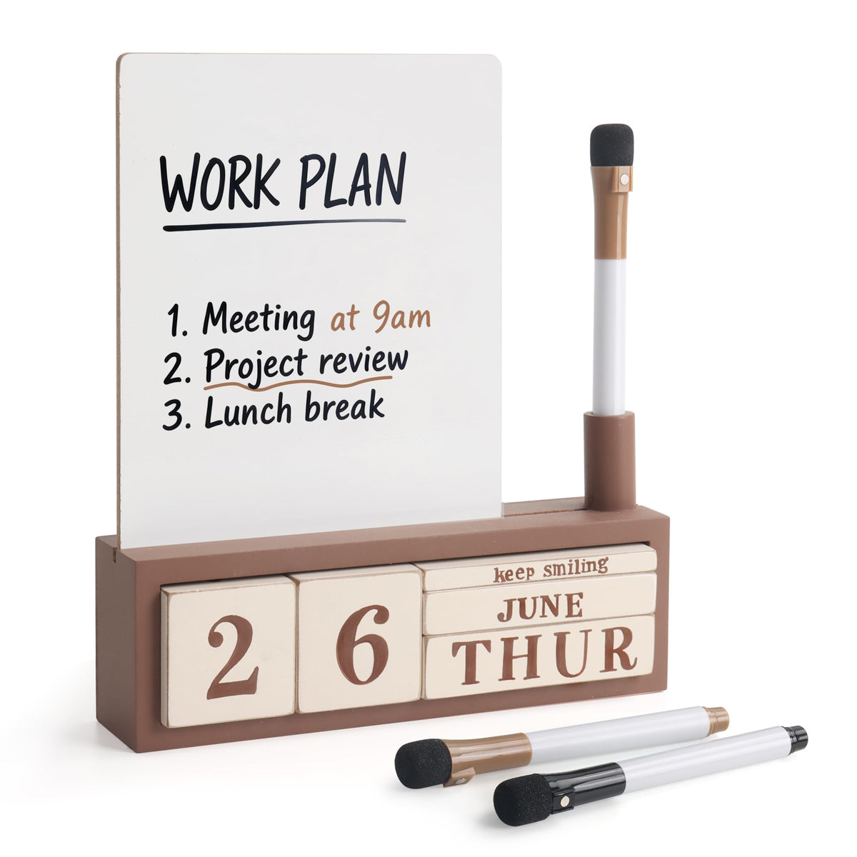 SELEAD Wooden Block Desk Calendar with Dry Erase White Board, Brown